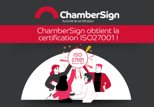 Illustration de membres ChamberSign fêtant la certification ISO27001 édition 2022