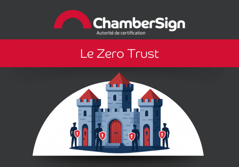 Illustration représentant notre article sur le Zero Trust avec un chateau-fort protégé par des agents de sécurité